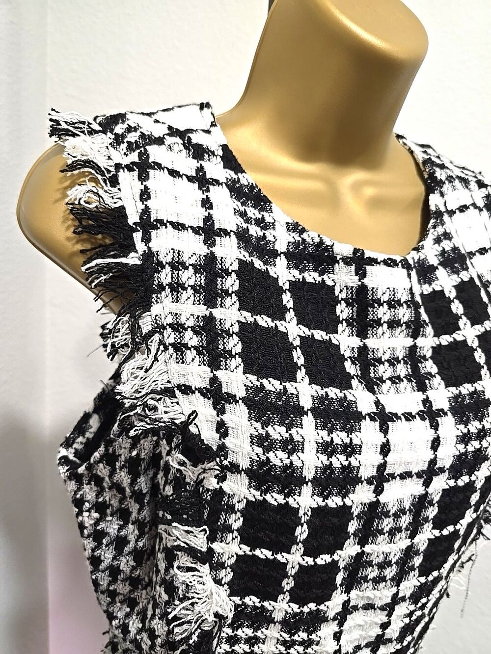 GB Dress Lg Plaid Sleeveless Faux Wrap Fringe Black White Office Academia Preppy